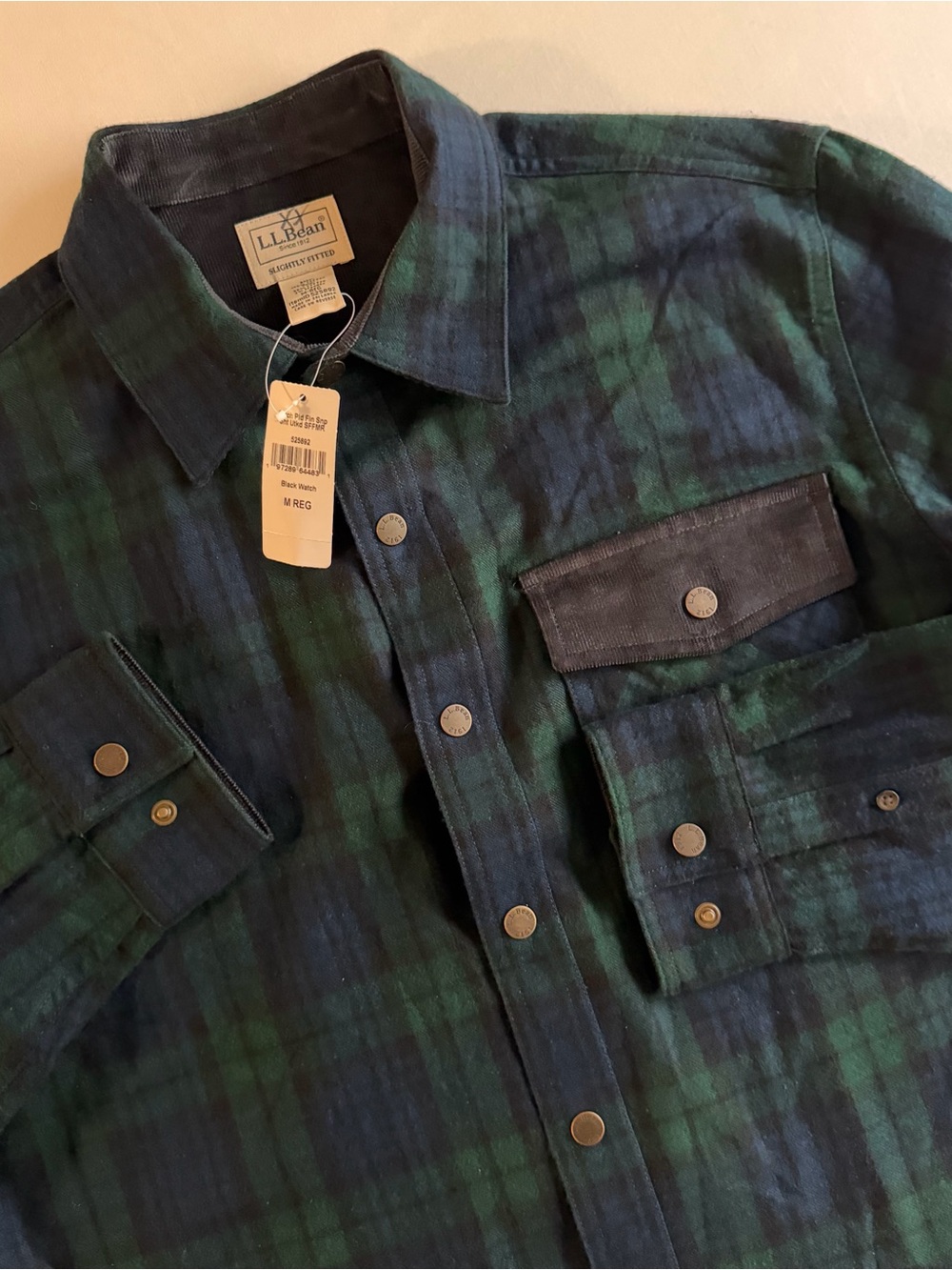 LL Bean Scotch Plaid Snap Front Flannel Shirt Men M Black Watch Button Up
